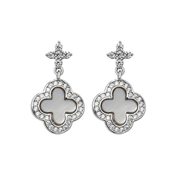 SILVER MOTHER OF PEARL & CZ CLOVER DROP EARRINGS