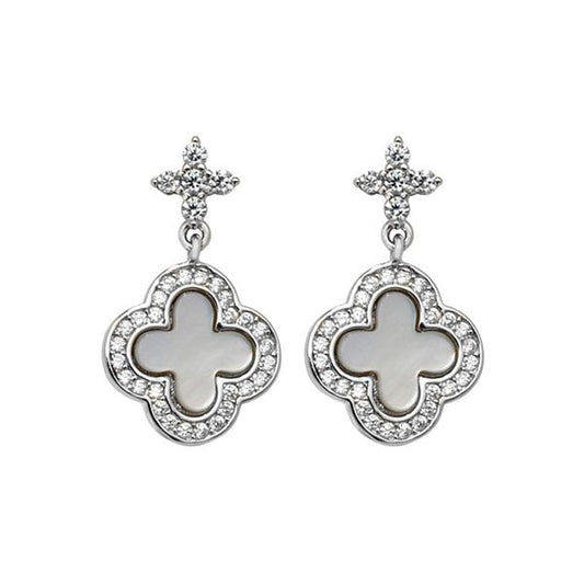 SILVER MOTHER OF PEARL & CZ CLOVER DROP EARRINGS