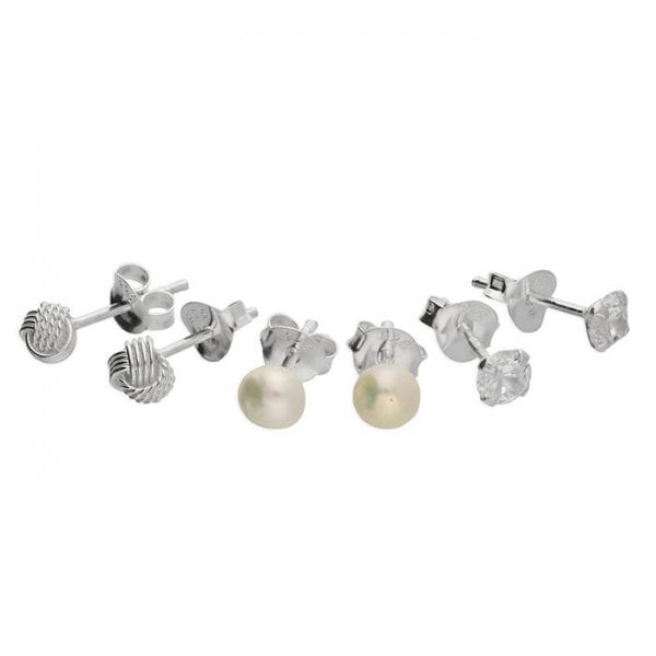 Set of three studs;knot, freshwaterand cubic