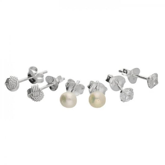 Set of three studs;knot, freshwaterand cubic