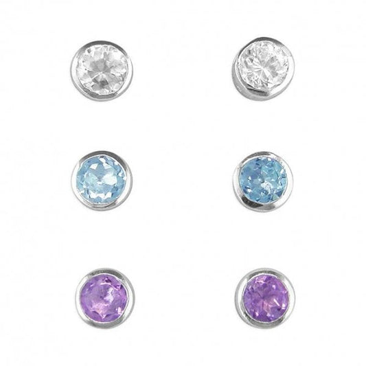 Set of amethyst/cubic zirconia/blue topaz studs