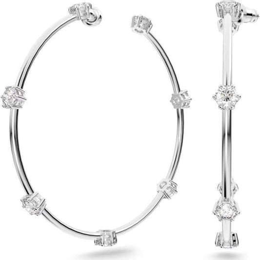 Constella hoop earrings, Round cut, White, Rhodium