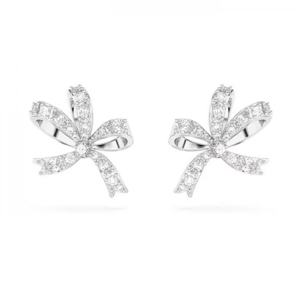 Volta stud earrings, Bow, Small, White, Rhodium