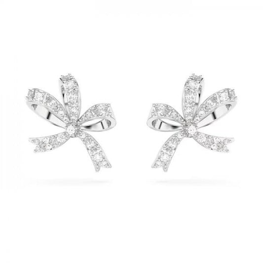 Volta stud earrings, Bow, Small, White, Rhodium