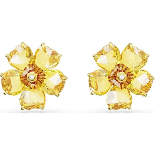 Florere stud earrings, Flower, Yellow, Gold-tone