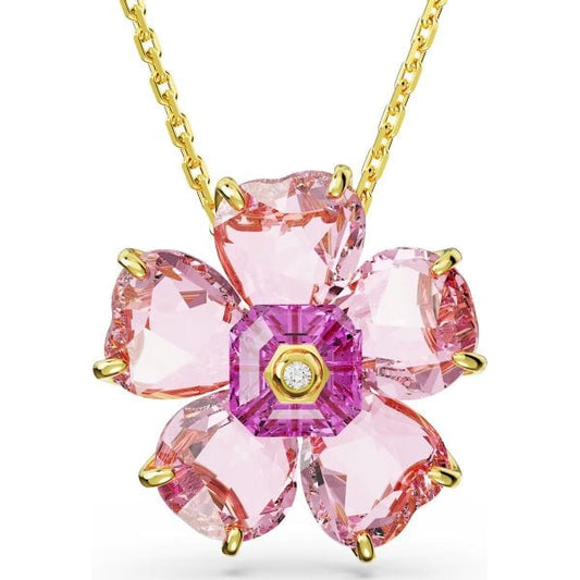 Florere necklace, Flower, Pink, Gold-tone