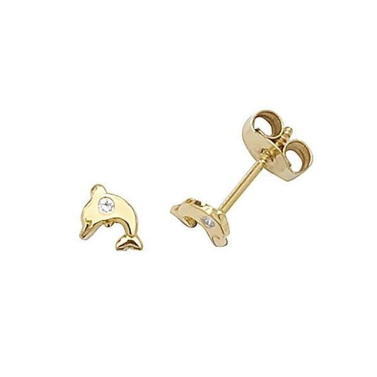 9CT YELLOW GOLD DOLPHIN CZ STUD EARRINGS