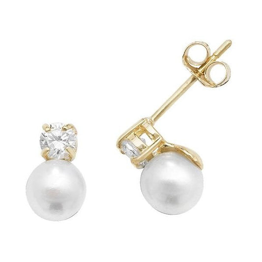 9CT YELLOW GOLD PEARL CZ STUD EARRINGS