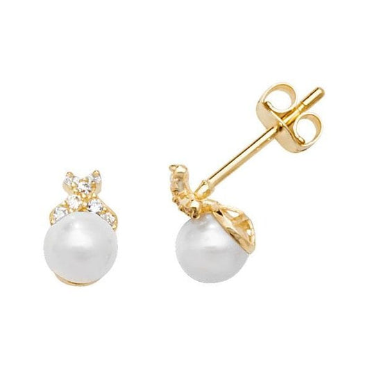 9CT YELLOW GOLD PEARL&CZ STUD EARRINGS