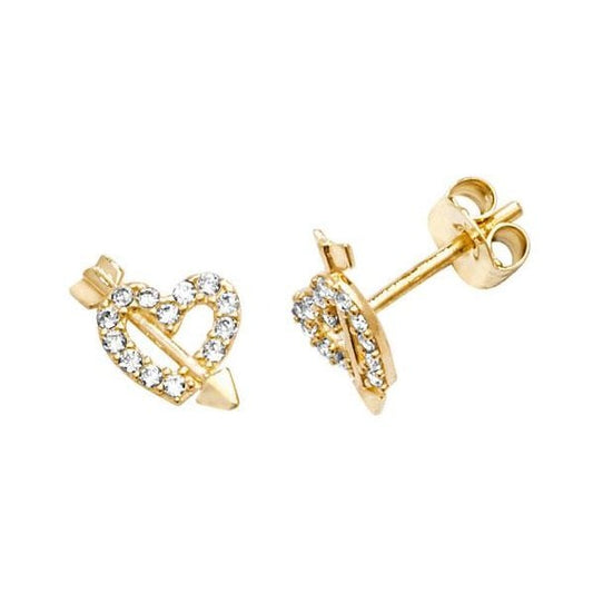 9CT YELLOW GOLD CZ HEART&ARROW STUD EARRINGS