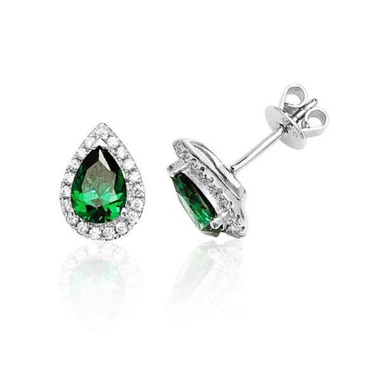 Silver Pear Shape Green CZ Studs