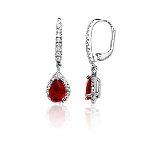 SILVER RED PEAR SHAPE & WHITE CZ DROP EARRINGS