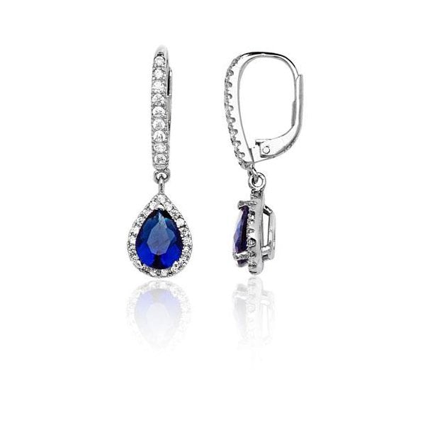 SILVER BLUE PEAR SHAPE & WHITE CZ DROP EARRINGS