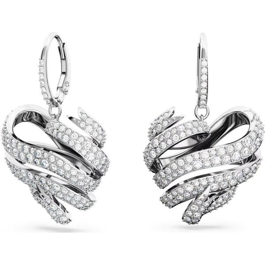 Volta stud earrings, Heart, White, Rhodium plated