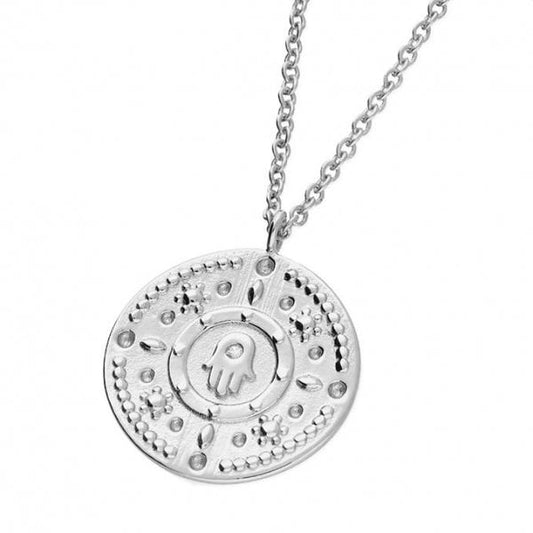SILVER NECKLACE: 50-53CM HAMSA HAND CZ DISC