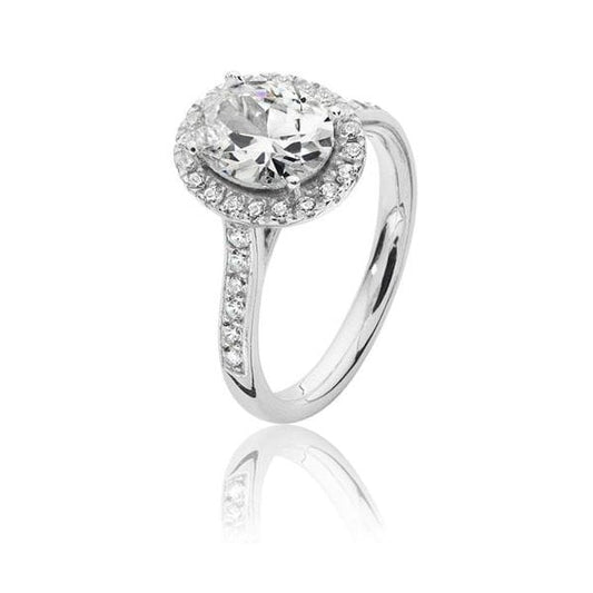 Silver Claw Set Oval Halo Style Ring - Size L