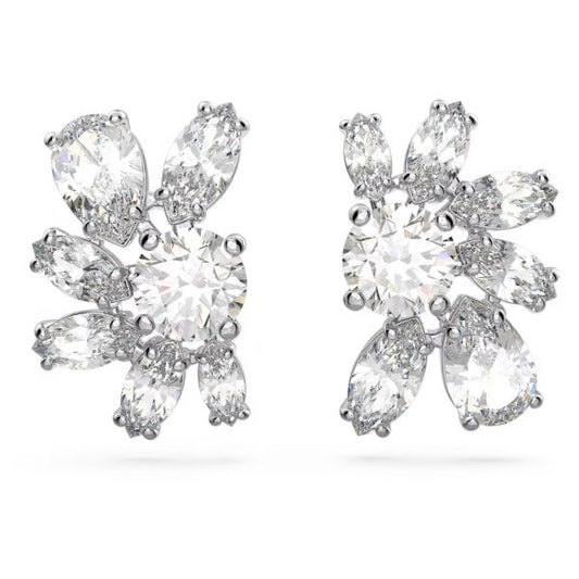 Gema stud earrings, Flower, White, Rhodium plated