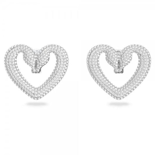 Una clip earrings, Heart, Large, White, Rhodium