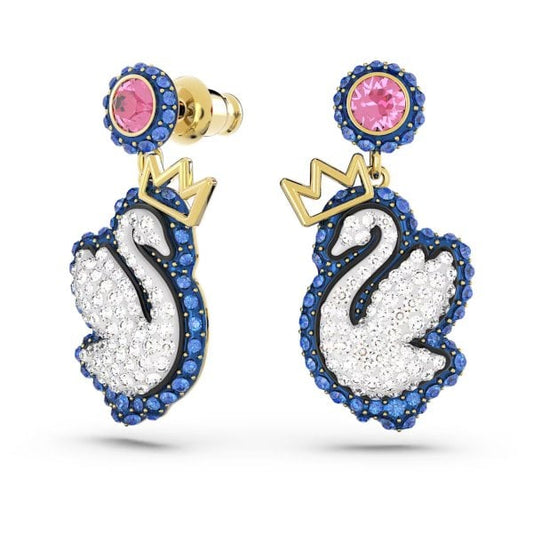 Pop Swan drop earrings, Swan, Blue, Gold-tone
