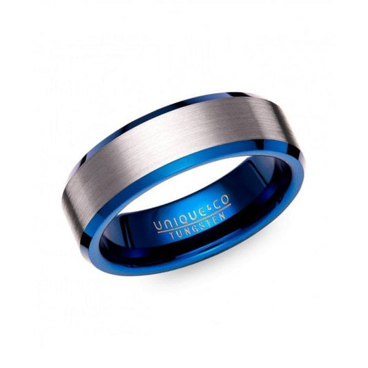 TUNGSTEN 7MM BEVELLED EDGE RING WITH BLUE