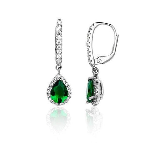 SILVER GREEN PEAR SHAPE & WHITE CZ DROP EARRINGS
