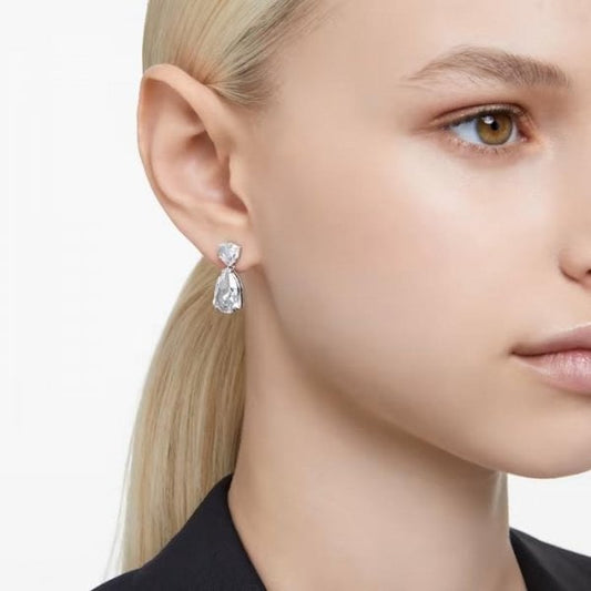 Mesmera drop earrings, Mixed cuts, White, Rhodium