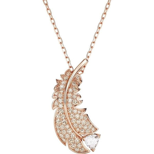 Nice pendant, Feather, White, Rose gold-tone plate