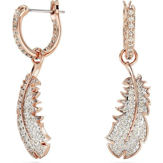 Nice drop earrings, Feather, White, Rose gold-tone