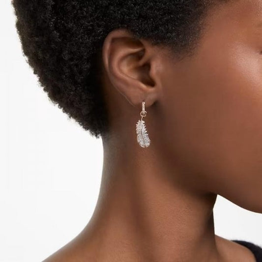 Nice drop earrings, Feather, White, Rose gold-tone