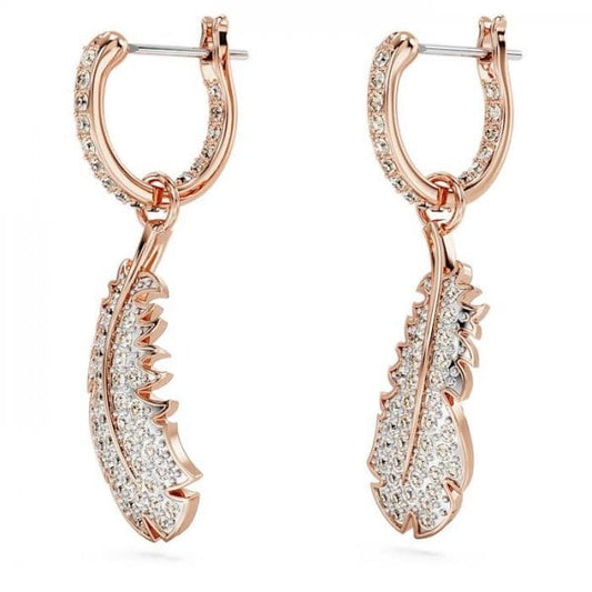 Nice drop earrings, Feather, White, Rose gold-tone