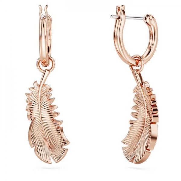 Nice drop earrings, Feather, White, Rose gold-tone