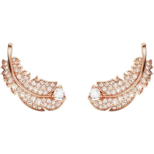 Nice stud earrings, Feather, White, Rose gold-tone