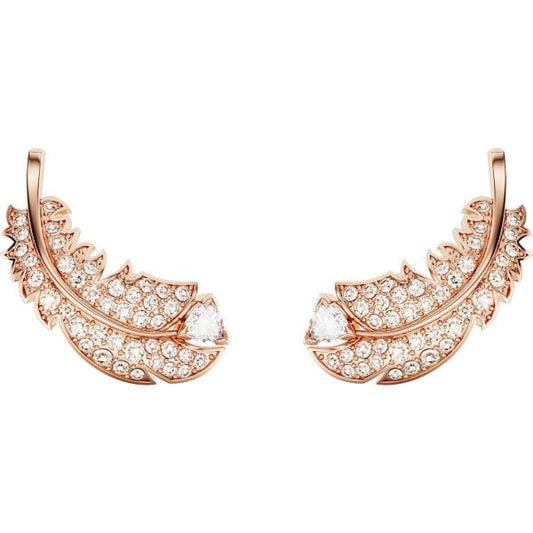 Nice stud earrings, Feather, White, Rose gold-tone