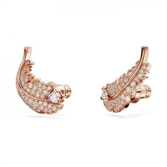 Nice stud earrings, Feather, White, Rose gold-tone