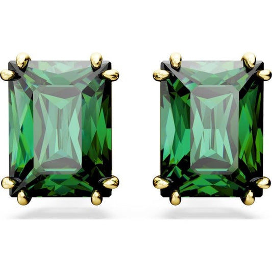 Matrix stud earrings, Rectangular cut, Green, Gold
