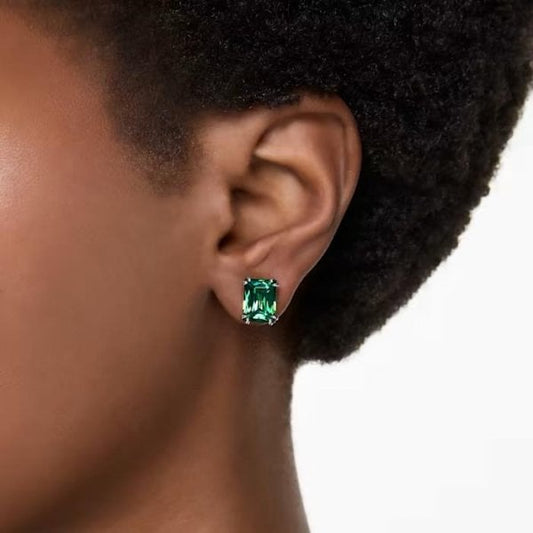 Matrix stud earrings, Rectangular cut, Green, Gold