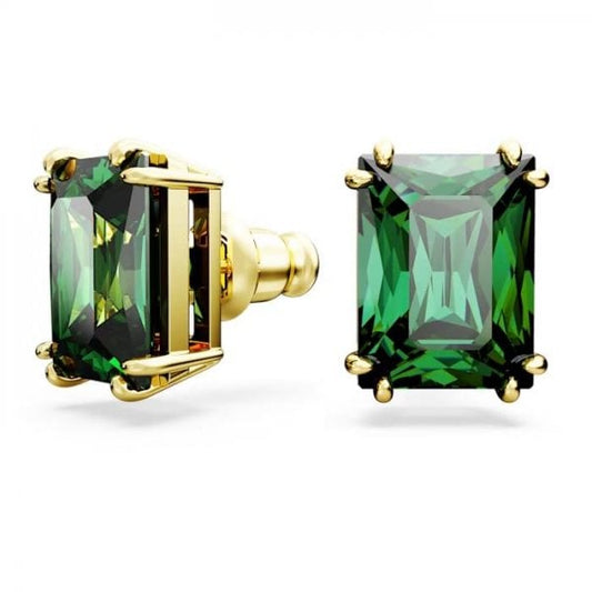 Matrix stud earrings, Rectangular cut, Green, Gold