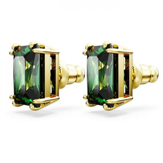 Matrix stud earrings, Rectangular cut, Green, Gold