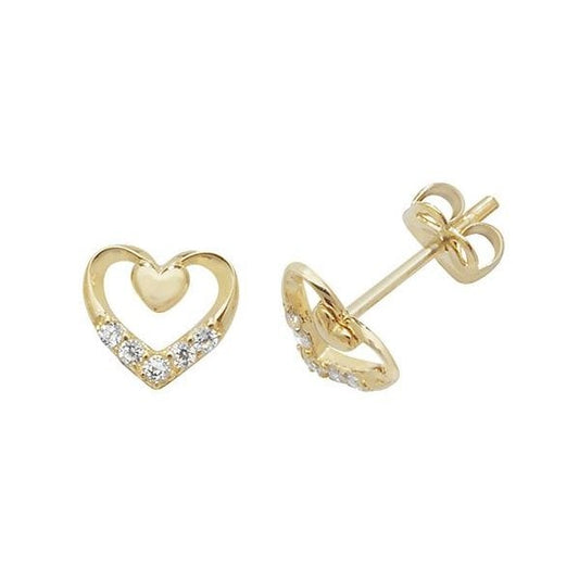 9CT YEL GOLD CZ DOUBLE HEART STUD EARRINGS