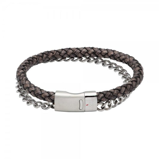 Antique Black Leather Bracelet with Steel Chain