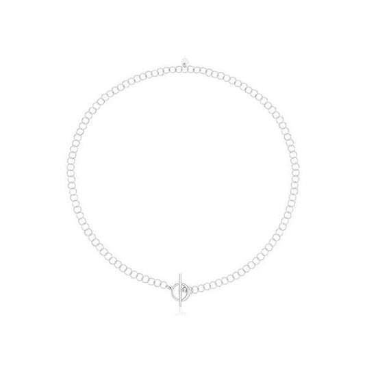 Silver Rhodium Plated Circle Link T-Bar Necklace