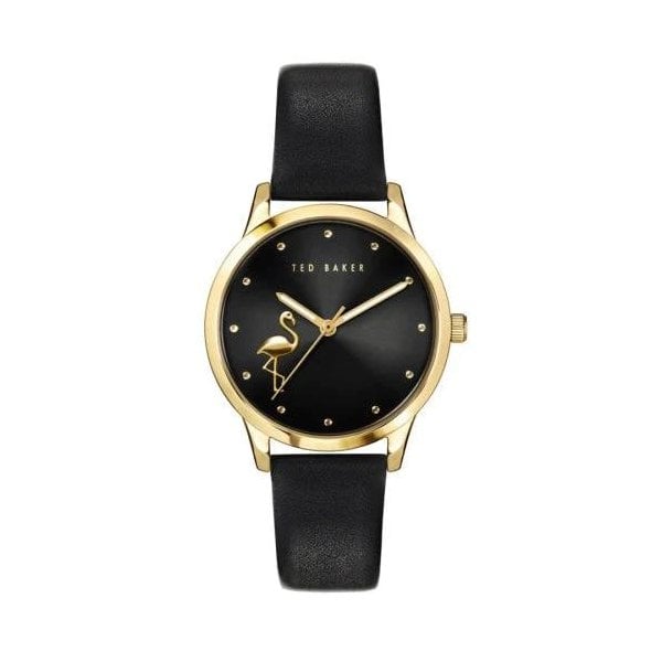 Flamingo Motif Black Leather Watch