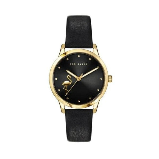 Flamingo Motif Black Leather Watch