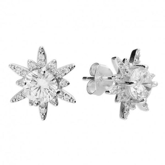 Sterling Silver Earrings - CZ Sunburst Stud
