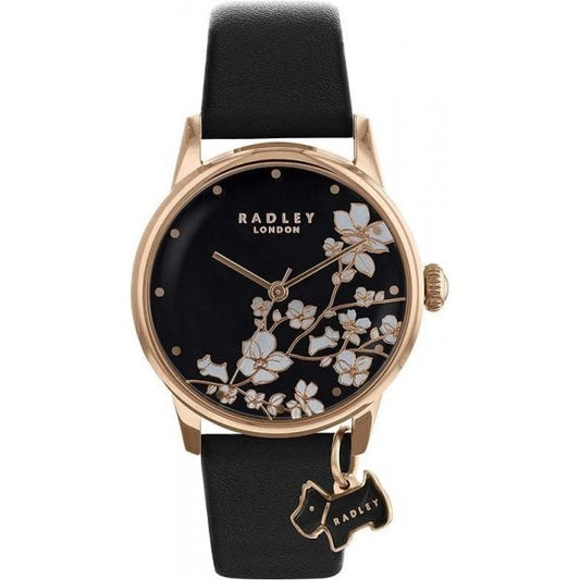 Trailing Flower Black Leather Strap Watch