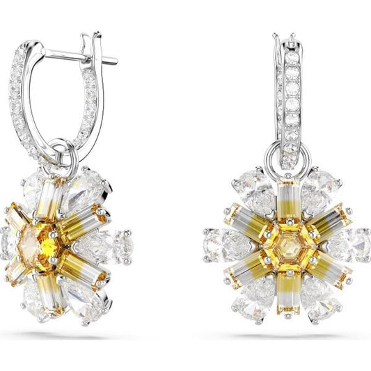 Idyllia drop earrings, Flower, Yellow, Rhodium