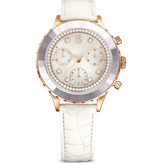 Octea Chrono watch, Swiss Made, Leather strap, White, Rose gold-tone finish