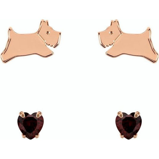 Rose Gold Dog & Ruby Earrings