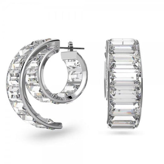 Matrix hoop earrings, Baguette cut, White, Rhodium