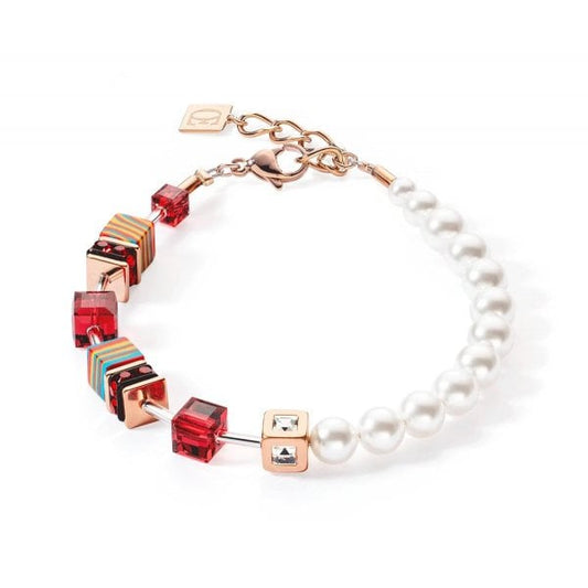Red Geocube and Pearl Bracelet